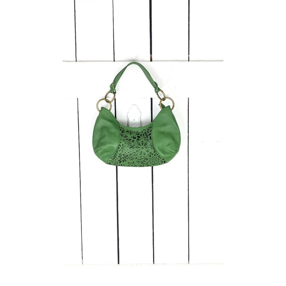 Via Spiga green leather laser floral cut brass chain shoulder purse